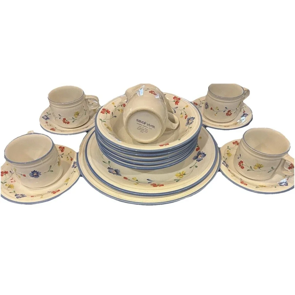 Savoir Vivre Summer Garden Set- Platter, Creamer, Bowls, Saucer Cup Set of 16